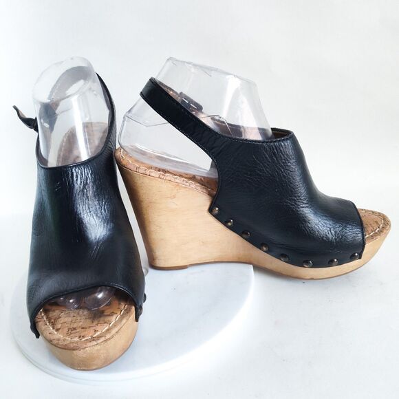 Sam Edelman Camilla Black Leather Wooden Wedge Platform Slingback Sandals 10 - Picture 3 of 10